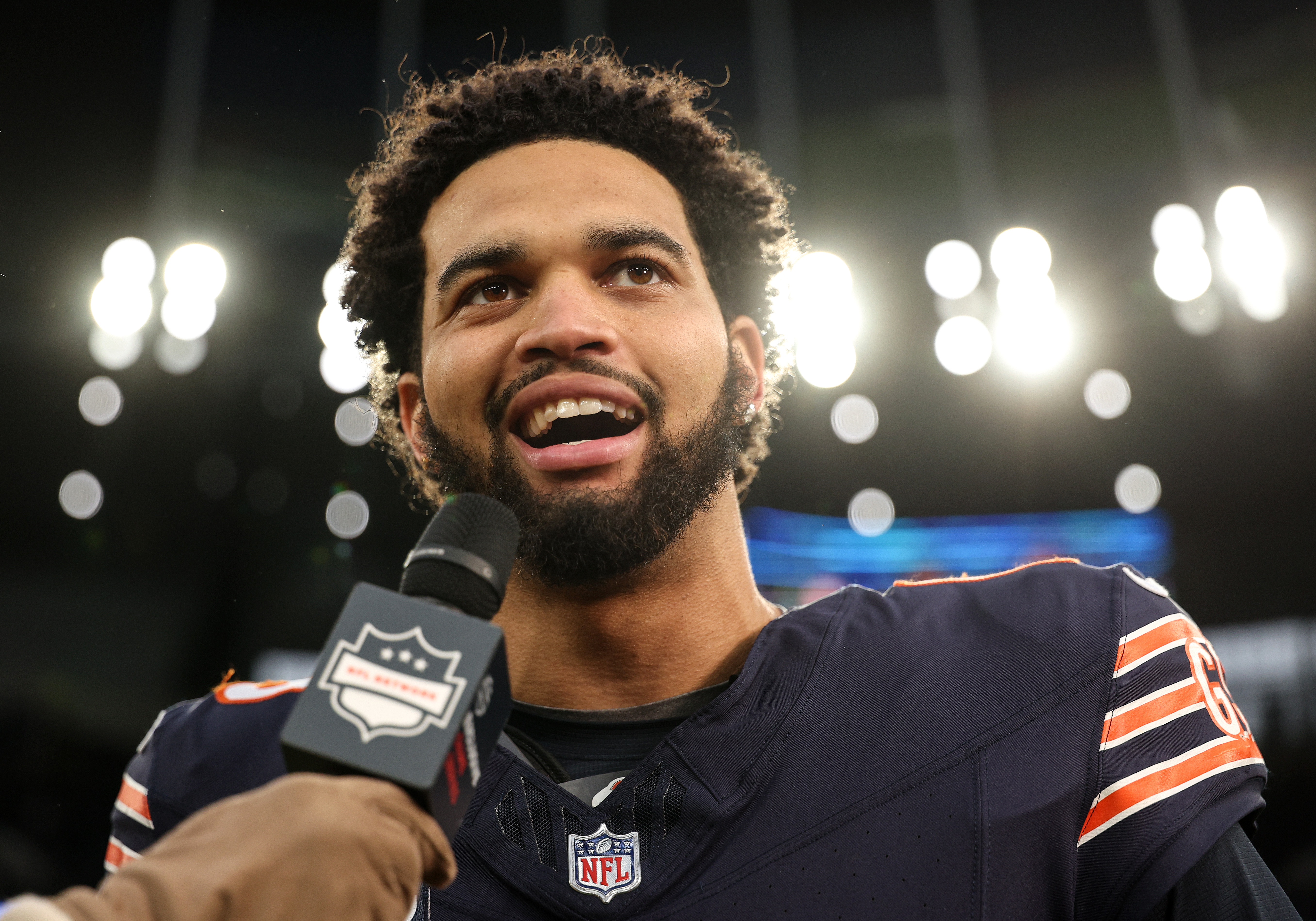 LONDON, ENGLAND – OCTOBER 13: Caleb Williams of Chicago Bears gives a post match interview during the NFL match between Jacksonville Jaguars and Chicago Bears at Tottenham Hotspur Stadium on October 13, 2024 in London, England. (Photo by Richard Heathcote/Getty Images)
